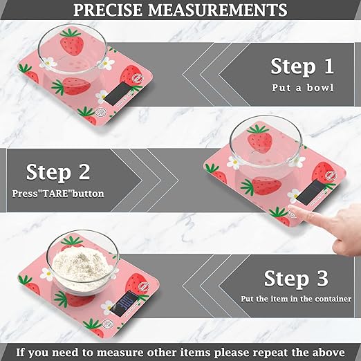 Food Scale Kitchen Digital Scale Food Ounces and Grams Dieting Baking Cooking Waterproof Glass Panels LCD Display,4 Units Scale Tare Function Strawberry