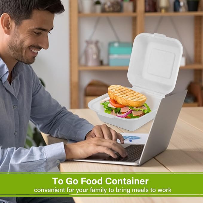 greensight To Go Containers Disposable 6X6, 100 Pack Clamshell Food Containers, Compostable To Go Boxes, Biodegradable Food Containers With White Bagasse