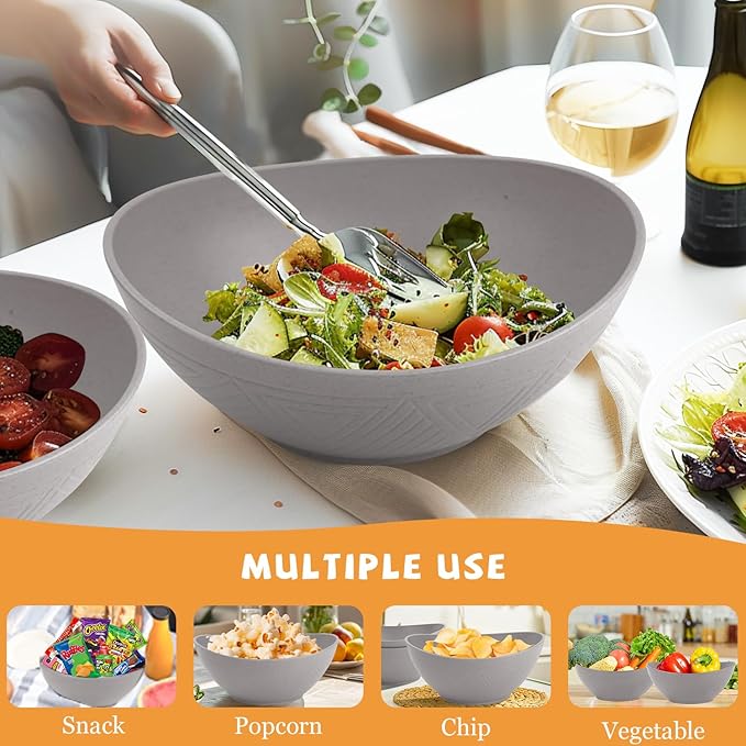 Homienly Wheat Straw Bowl Set Large Serving Bowls for Party 60 OZ Plastic Bowls Reusable Large Serving Dishes Microwave & Dishwasher Safe Prep Salad Bowls for Entertaining Bowl Set of 2 - Grey