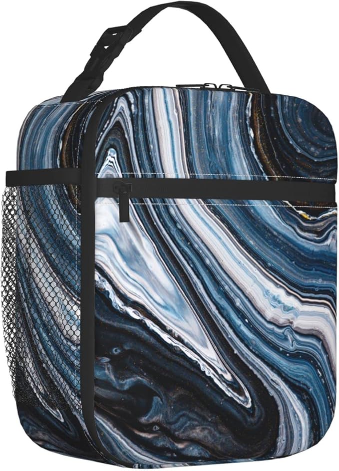 YETTA YANG Navy Black And White Marble Portable Lunch Bag Insulated Lunch Box Reusable Totes For Women Men Work Picnic Camping
