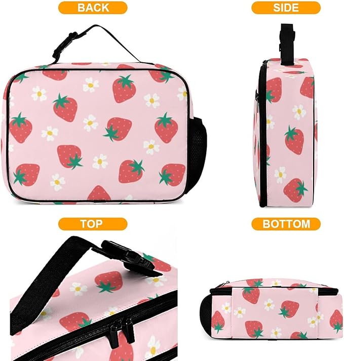Strawberry Flowers Reusable Lunch Box Insulated Lunch Bag Cooler Bag Lunchbox Meal Food Container Tote Bag for Women Kids Girls School Camping Hiking Picnic Beach Travel