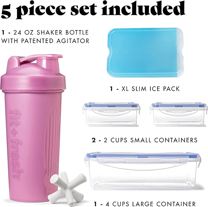 Fit & Fresh BREE Meal Prep Lunch Box With Containers, Ice Pack, and Shaker Bottle For Men and Women, 6pc. Meal Prep Kit Lunch Bag With Containers Included, Mauve