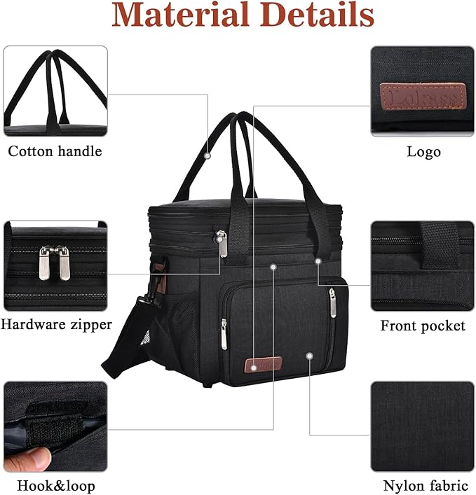 Lunch Box & Lunch Bag for Men Women, Large Insulated Adult Lunch Box Leakproof Lunchbox Cooler Bag for Work Picnic Beach,16L, Black
