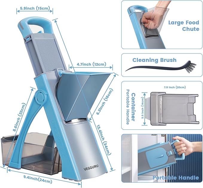 Safer Mandoline Slicer for Kitchen, Adjustable Thickness Vegetable Chopper, Potato Slicer French Fry Cutter Tomato Dicer, Kithcen Fruit Food Chopper (Blue)