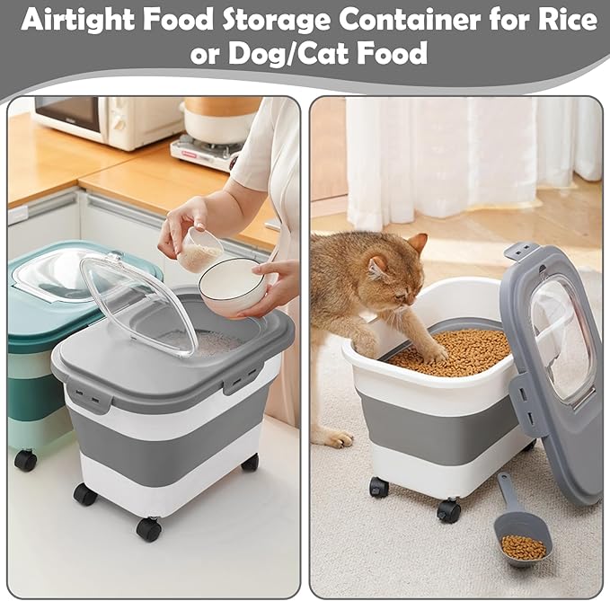 Rice Storage Container, 20Lbs Flour Container, Airtight Large Pet Dog Cat Food Storage Dispenser Bin with Wheels, Scoop & Measuring Cup, Collapsible Kitchen Dry Food Holder for Rice Cereal Kibble