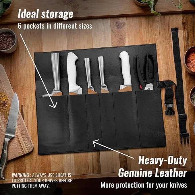 Under NY Sky Genuine Leather Knife Roll Case - 6 Slots - Real Leather Pouch - Portable Bag for Cooking Tools, Utensils, Cutlery Knives, Brushes - Chefs, Kitchen, Travel, Gift - Black