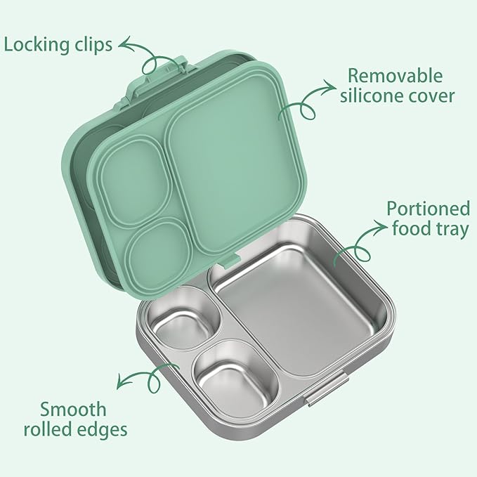 Stainless Steel Lunch Box, Leak-Proof with free sealing Bento Box 3 Compartments, Metal Lunchbox for Travel & Work, Eco-Friendly Meal Storage Solution Green