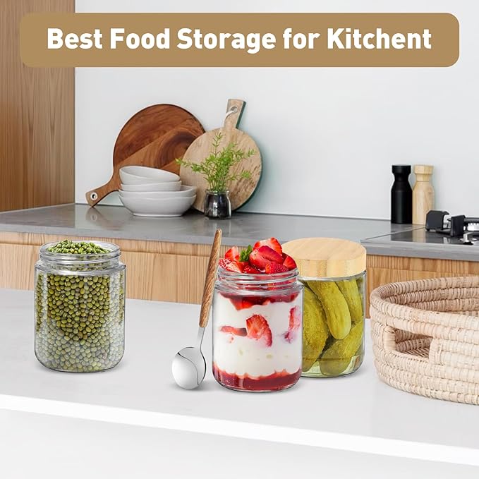 Overnight Oats Containers with Lids,16oz Wide Mouth Glass Mason Jars with Bamboo Lid,Overnight Oats Jars with Spoons,Meal Prep Jar with Airtight Lid for Yogurt,Chia Pudding,Snacks,Salad,Spice 4pack