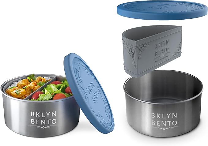 Stainless Steel Food Container With Silicone Food Separator and Leak Proof Silicone Lid | Metal Lunch Box Divider | Bento Box | Portion Control Snacks (Blue & Grey (Food Separator)