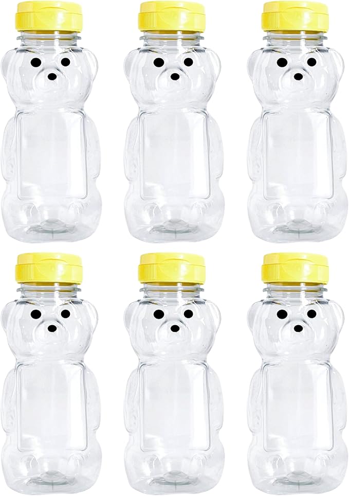 6 Pack of 8 Ounce Honey Bears with Sealable Yellow Flip Top Lids (8 oz. Bear, 6pk, Yellow)