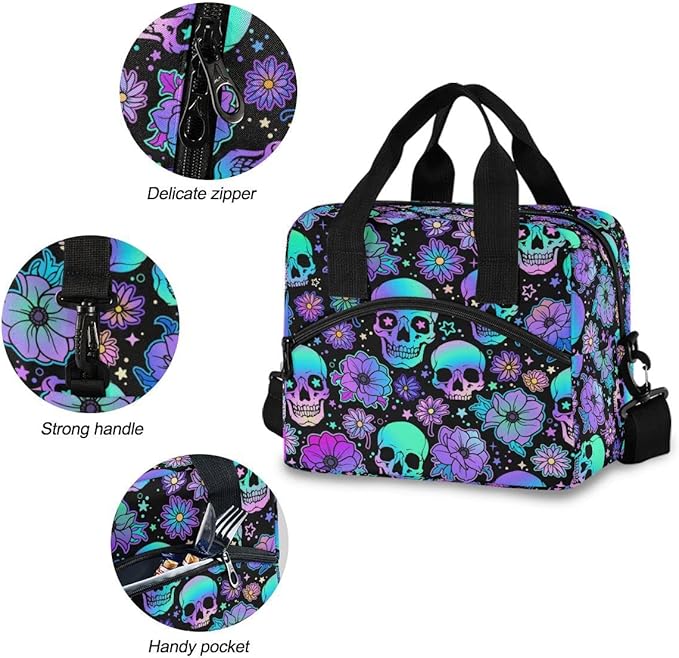 MNSRUU Insulated Lunch Bag Funny Skulls Lunch Box Women Lunch Tote Men Lunch Cooler Bag Reusable Leakproof Lunch Bag with Adjustable Shoulder Strap For Work School