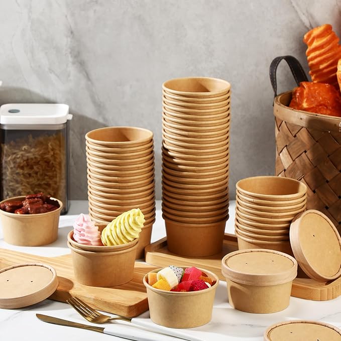 Fulmoon 100 Pack Paper Soup Containers with Lids Disposable Paper Food Containers with Vented Lids Kraft Ice Cream Bowls Soup Cup Ice Cream Cups for Restaurants(6 oz,Brown)