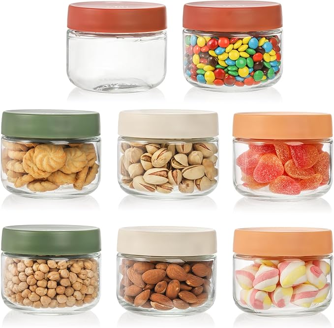 8 Pack Glass Jar with Airtight Lid, 10 oz Overnight Oats Container, Clear Food Yogurt Container to Go, Leak Proof Glass Candy Canning Jars for Food Prep, Spice, Snacks, Jam, Beans, Kitchen