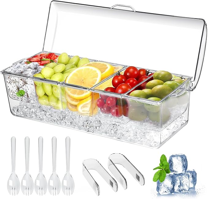 Large Ice Chilled Condiment Caddy,Chilled Condiment Containers Server with Lids for 5 Removable Compartments (2.5 cup),Serving Platters , Fruit & Garnish Tray for Party Supplies & Bar Accessories