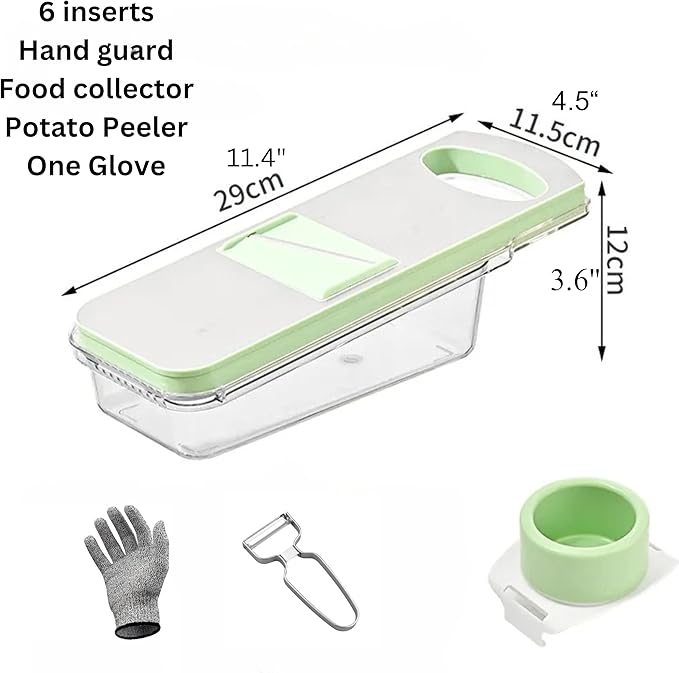 Multipurpose Compact Kitchen Mandoline Vegetable Slicer, Cutter, Cabbage Shredder, Cheese Shredder, with Container. Includes a Cut Resistant Glove & Super Sharp Potato Peeler. Stainless Steel Surface.