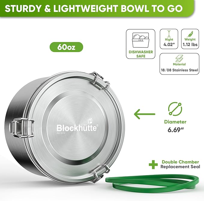 Blockhütte Stainless Steel Salad Container for Lunch 60oz, Leakproof Metal Food Storage Containers with Lids, Stainless Steel Lunch Box for Adults with Spork, Bento Box Metal BPA Free
