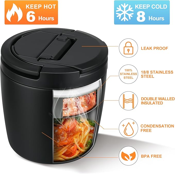 40oz Insulated Lunch Containers for Adults Soup Thermo for Hot Food Jar Wide Mouth Leak Proof Vacuum Stainless Steel Thermal Bento Box with Buckle Lid and Spoon