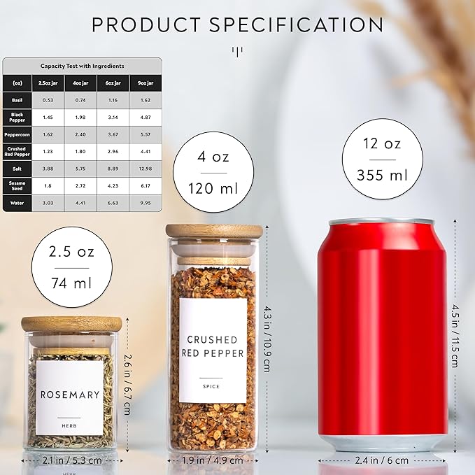 Laramaid 2.5oz 20Packs Glass Jars Set, Round Spice Jars with Bamboo Lids and Customized Labels, Food Storage Container Canisters for Home Kitchen, Spice, Herbs, Seasoning, Seed, Tea, Sugar, Salt