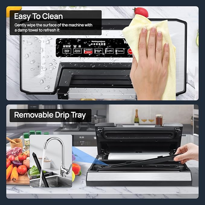 Liquid Vacuum Sealer Machine, 90Kpa Vacuum Sealer Machine Preservation Dry/Moist/Liquid Modes, LED Indicator Light, Handle Locked Design, Built-in Cutter and Bag Storage, Removable Drip Tray