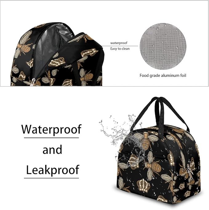Insulated Lunch Bag for Women Men Golden Bee Waterproof Thermal Tote Bag Reusable Lunch Box Container Lunch Holder Leakproof Lunch Cooler Bag Picnic Travel Work
