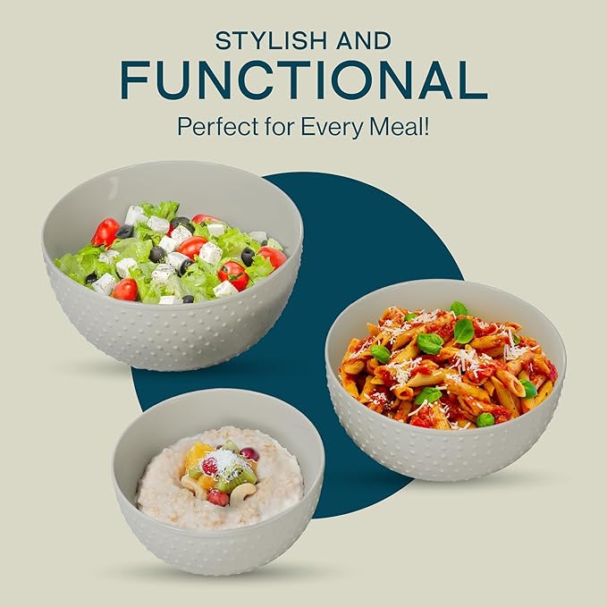 Gibson Elite 3-Piece Stoneware Mixing Bowl Set, 6.6", 7.9", 9.6" - Modern Stoneware Dishware, Dishwasher Safe & Microwave Safe - Space-Saving & Stackable Bowl Set for Cooking, Baking, Serving (Grey)