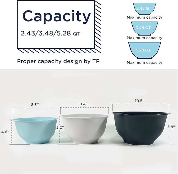 TP Mixing Bowls with Lids, 6-Piece Nesting Melamine Bowls Set for Prepping Serving Baking Cooking, Non Slip Bottom, Set of 3, Blue and White