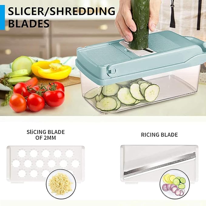 Vegetable Chopper, Onion Chopper, Mandolin Slicer,Pro 10 in 1professional food multifunctional Vegetable Chopper and Slicer, Dicing Machine, AdjustableVegetable Cutter Container (Blue>White Mix)