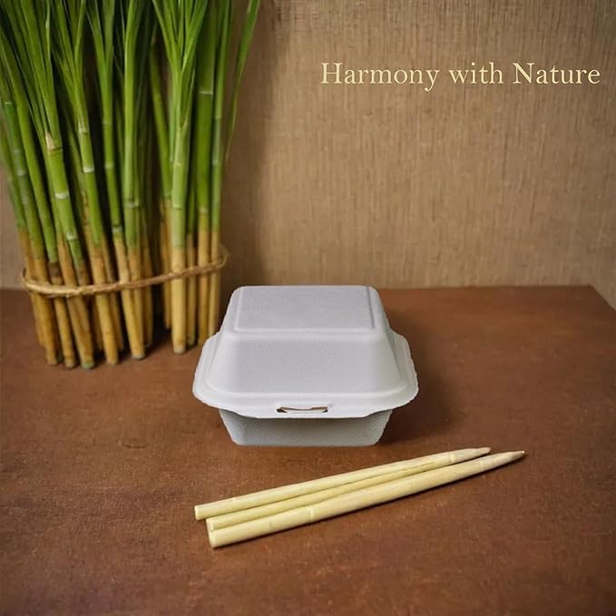 Greensoil 6x6 Compostable To Go Containers - 1-Compartment 100 Pack, Heavy Duty Clamshell Take Out Containers, PFAS-Free, Microwave & Freezer Safe, BPI Certified for Salad, Cake, Sandwiches, Lunch