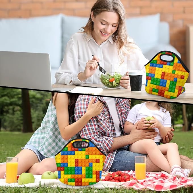 Kids Lunch Box for Boys Girls Colorful Building Blocks Insulated Neoprene Children Lunch Bags Sturdy Soft Bag & Reusable Cooler Lunch Thermal Meal Tote Kit for School