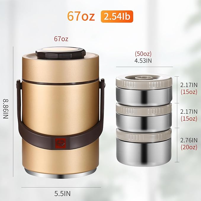 67 Oz Adults Stainless Steel Vacuum Soup Thermos For Hot Food with Inserts Stackable Bento Box and Lunch Bag,Width Mouth Portable Nsulated Food Jar Lunch Container (golden, 67 oz)