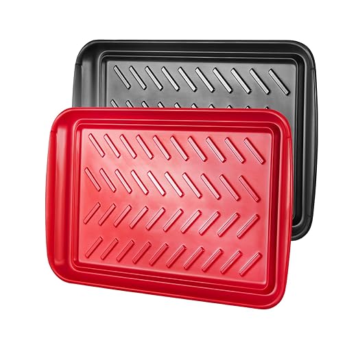 VEVOR Plastic Serving Trays, 2-Pack Grilling Prep and Serve Trays with Handles, 17x10.35 Inch Anti-Slip Melamine Food Tray, Ideal for BBQ, Kitchen, Cafeteria, Ottoman, Coffee Table, Black and Red