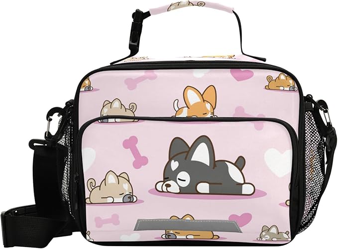 Pfrewn Lunch Box for Kids School Students Cartoon Dog Pastel Pink Insulated Lunch Bag with Shoulder Strap for Office Adults Reusable Cooler Bags Lunch Tote for Girls Boys Teens