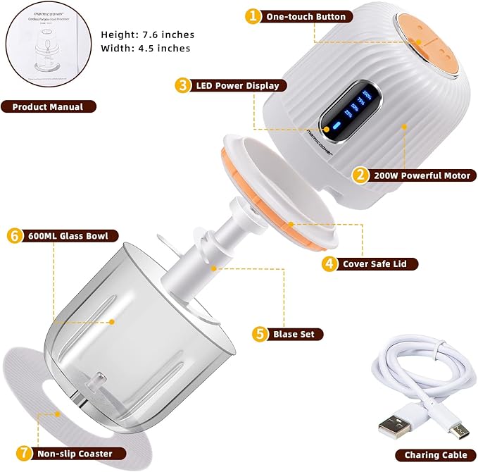 Cordless Food Processor Electric, 600ML Small Electric Food Chopper Glass Bowl for Meat Vegetables Onions Garlic, Meat Chopper Blender