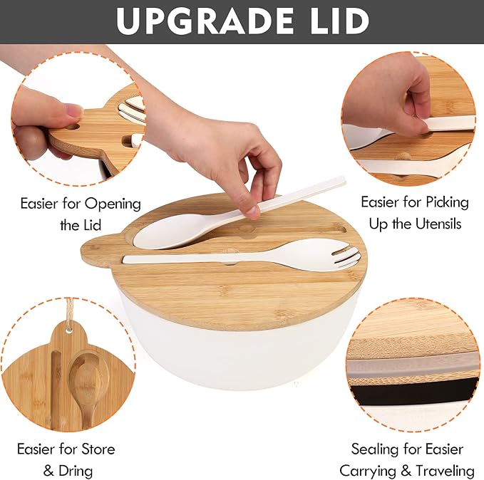 ShineMe Large Salad Bowl with Lid, 9.8inches White Salad Serving Bowl Set with Utensils, Bamboo Wooden Salad Bowl with Multifunctional Lid with Handle and Silicone Seal Ring
