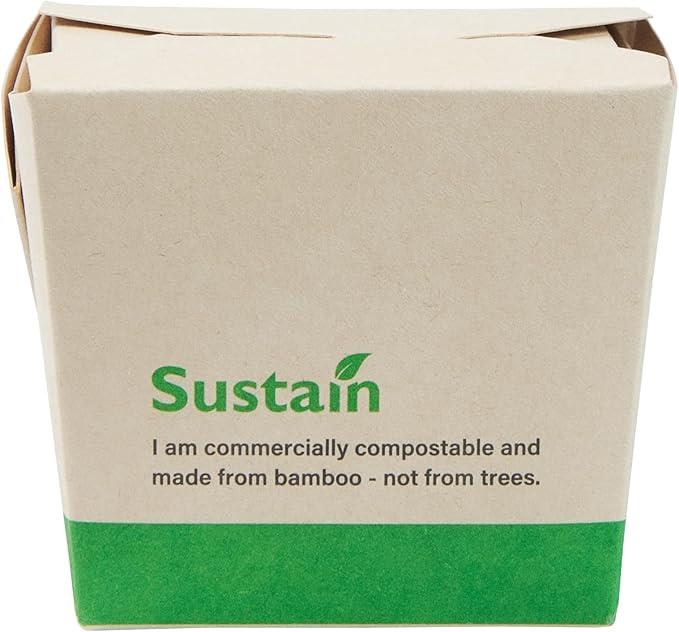 Restaurantware Sustain 8 Ounce Sturdy Paper Take Out Boxes, 200 Disposable Take Out Food Containers - With PLA lining, Compostable, Bamboo Paper Containers, Built-In Tab-Lock Cover, Greaseproof
