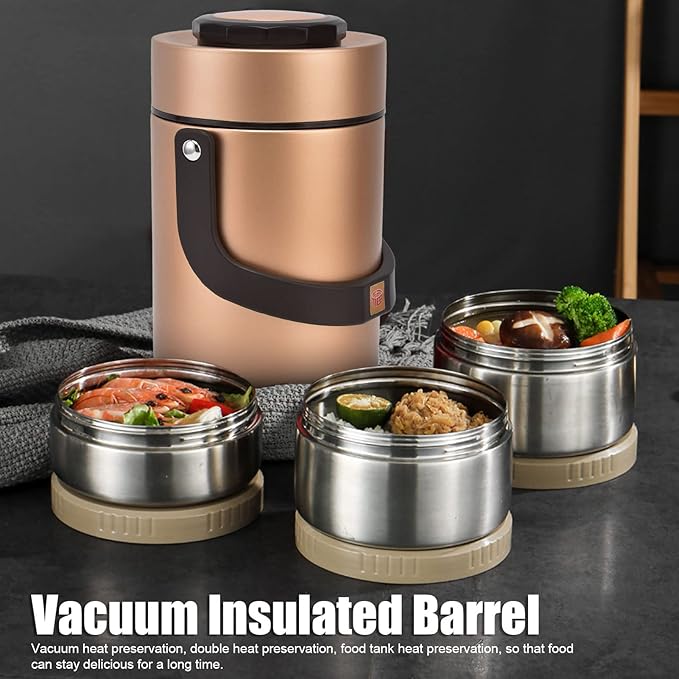 Yosoo Thermos for Hot food Wide Mouth Lunch Box, 2000ml 3-Layer Stackable Insulated Food Container Reusable Leak Proof Soup Food Jar for Warm/Cool Food Daily Office Travel Picnic Outdoor Meals(Gold)