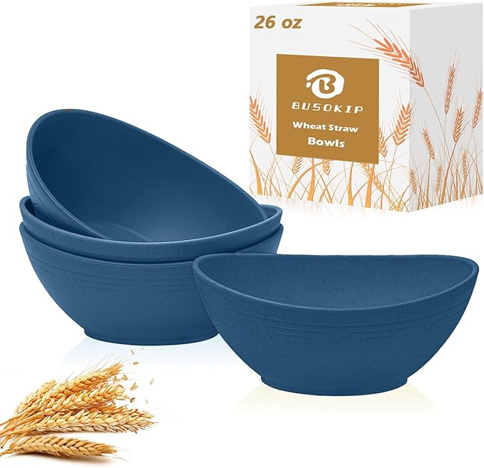 Wheat Straw Bowl 26 OZ - Unbreakable Serving Bowl Set of 4, Microwavable Bowls Set, Reusable Plastic Bowls for Cereal,Salad,Oatmeal,Soup, Kitchen Bowl (Blue)