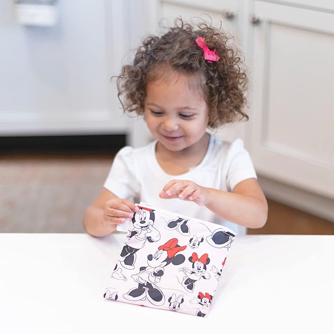 Bumkins Disney Reusable Sandwich and Snack Bags, for Kids School Lunch and for Adults Portion, Washable Fabric, Waterproof Cloth Zip Bag, Travel Pouch, Food-Safe, Large, Minnie Mouse Classic