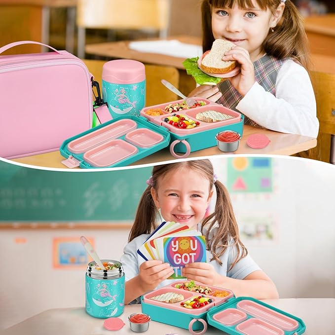 Bento Lunch Box for Kids with 12oz Soup Thermo Leak-Proof Lunch Food Container with 5 Compartment Thermo Hot Food Jar and Insulated Lunch Bag for Kid Toddler Girls Boys to School