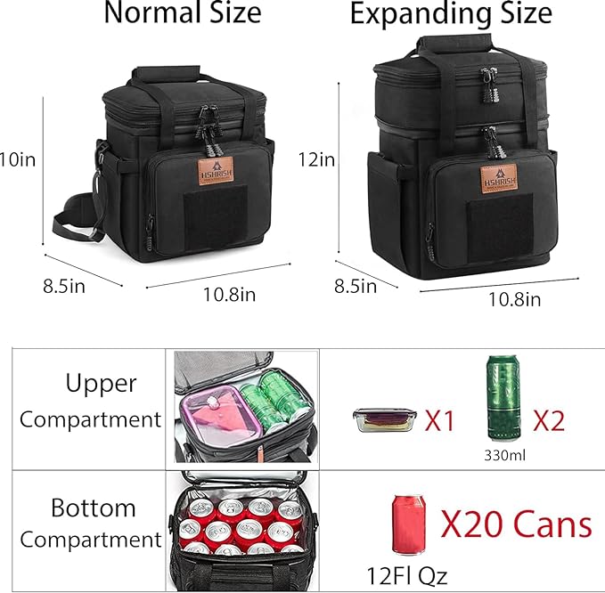 HSHRISH Tactical Lunch Box, Large Expandable Insulated Lunch Bag, Durable Waterproof Leakproof Cooler Bag for Adults/Men/Women/Work Outdoor Beach Trips, 20 Cans/15 L, Black