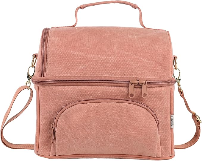 Lunch Box with 2 XL icepacks,Sturdy Waxed Canvas Insulated Lunch Bag for Women, Dual Compartment Soft Cooler Bag For Work, Picnic, Travel, Outdoors (10.5L) 10"x7"x9.5" (Mellow Rose)