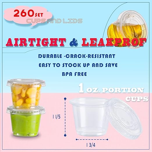 260 Sets - 1 oz Jello Shot Cups, Small Plastic Containers With Lids, Airtight and Stackable Portion Cups for Salad Dressing, Dipping Sauce, Condiments, Lunch, Party, Trips