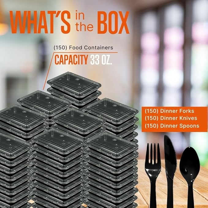 SQUATZ 150 Meal Prep Containers with Lids for Adults - 33oz, Microwave Safe, Reusable Food Storage, Freezer Safe, Leak-Free Lunch Container - Includes Utensils