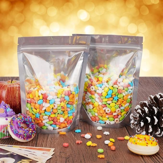 Vasdoo Reusable Aluminum Foil Stand Up Food Pouches Bags, Resealable Ziplock Mylar Bags for Food Storage (50 pcs, 5.5x7.5 inch)