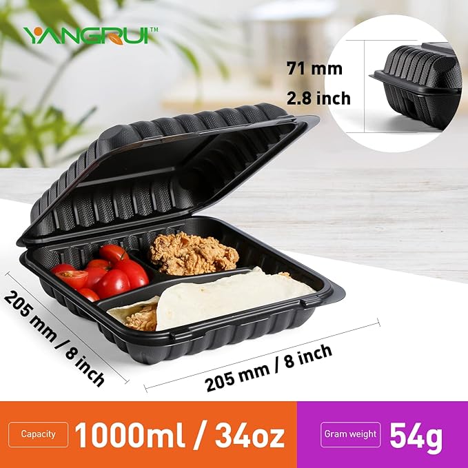 YANGRUI Clamshell Food Containers, Shrink Wrap Reusable 34 OZ 8 Inch 3 Compartment 55 Pack MFPP To Go Container BPA Free Microwave Freezer Safe Plastic Hinged Clamshell Take Out Boxes