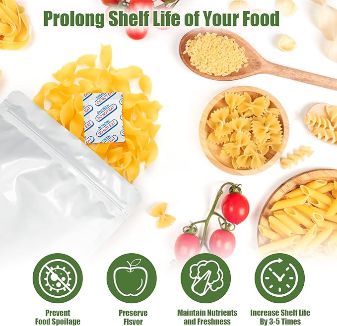 100 Packs 700CC Food Grade Oxygen Absorbers (10 Pack in Individual Vacuum Bag ) , Oxygen Absorbers For Long Term Food Storage with Oxygen Indicator , Works in Mylar Bags, Mason Jars, and Vacuum Bags