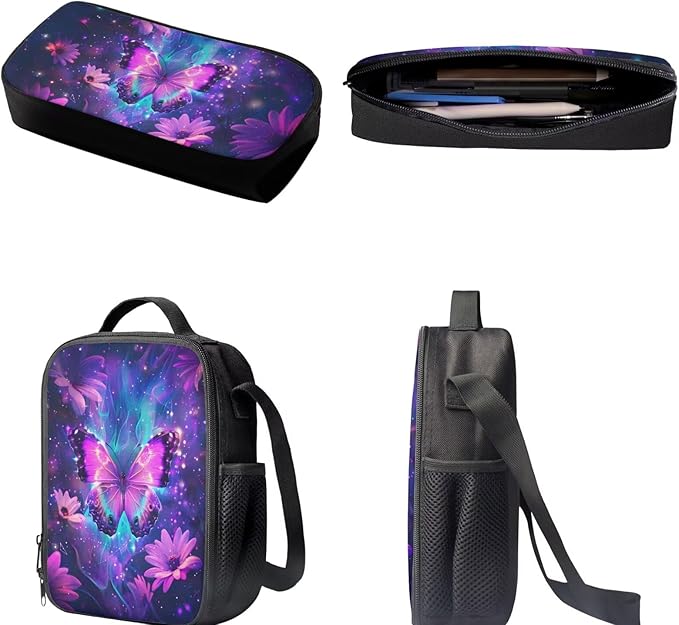 Dolyues Purple Flower Butterfly 3-Piece Kids Backpack Set: Casual Daypack with Lunch Bag and Pencil Case - 17” School Bag for Boys & Girls - Perfect for Preschool and Cool Adventures