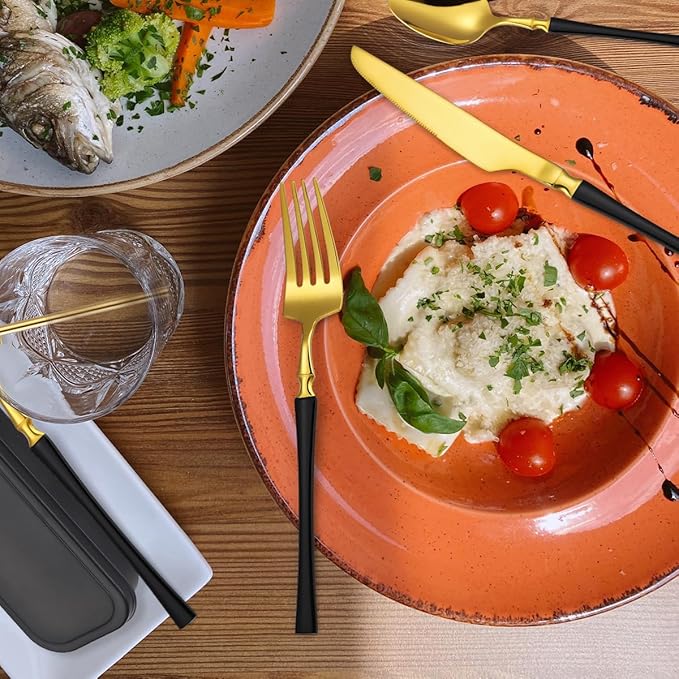 AARAINBOW 7 Pieces Stainless Steel Flatware Set Portable Reusable Cutlery Set Travel Utensils Set Including Chopsticks Knife Fork Spoon Straws Cleaning Brush Dishwasher Safe (B-Black Golden)
