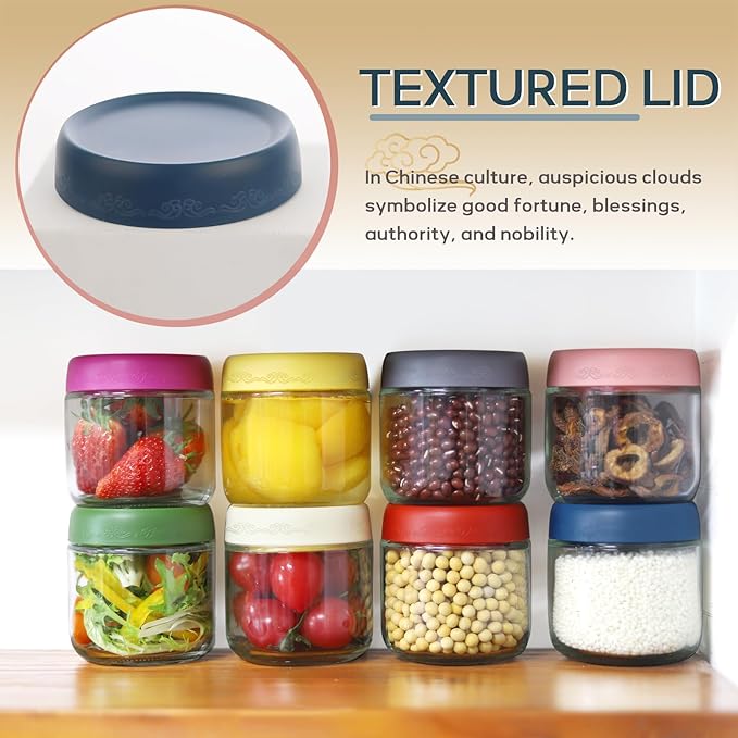 10 OZ Glass Food Jar Storage Containers with Airtight Lids, Reusable Wide Mouth Overnight Oats Glass Mason Jars for Snacks Yogurt Pudding(Multicolor 8pack)