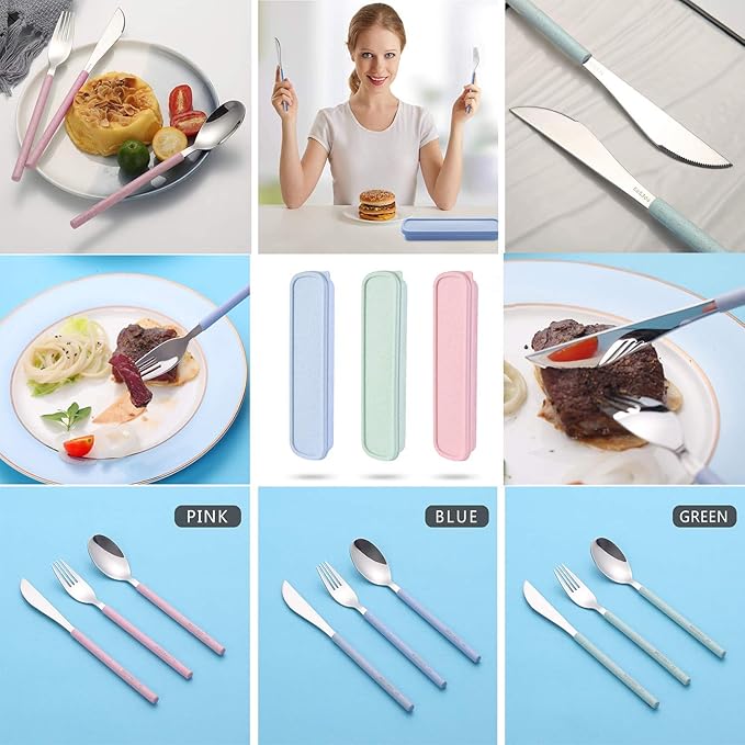 Portable Travel Utensils Set with Case ,18/8 Stainless Steel Silverware Sets with Colored Handle,Reusable Utensil Set Include Knife Fork and Spoon for Lunch Box and Camping (Pink&Blue-2 Sets)